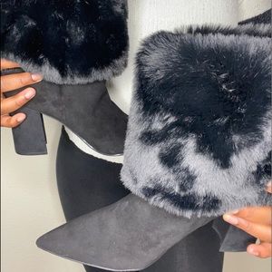 Black fur suede heels